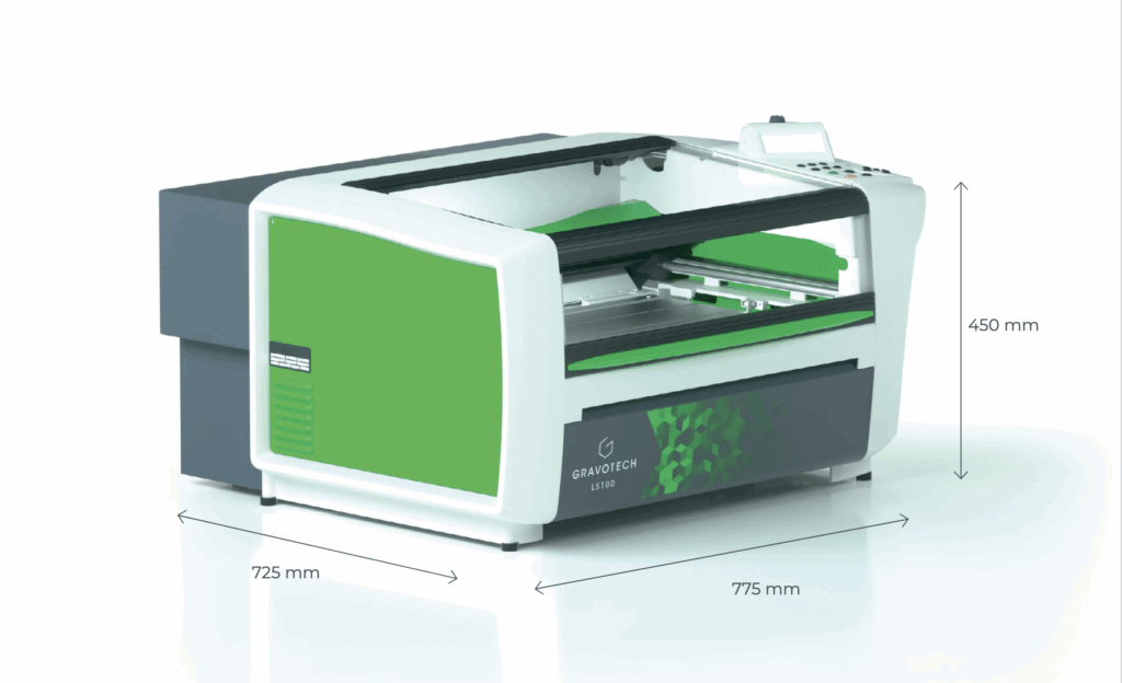 Machine Gravotech LS100 est un graveur laser compact, polyvalent et facile à utiliser pour découper et marquer une large gamme de matériaux.