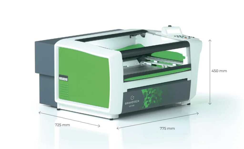 Machine Gravotech LS100 est un graveur laser compact, polyvalent et facile à utiliser pour découper et marquer une large gamme de matériaux.